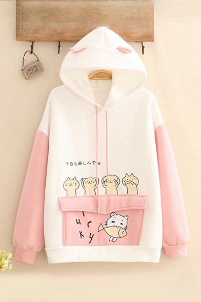 Lovely Cats Eat Fish Japanese Letter Printed Long Sleeves Flap Pocket Colorblock Hoodie