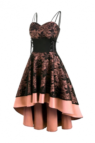 Sexy Fashion Floral Lace Patch Lace-Up Gathered Waist Asymmetric Hem Color Block Midi Strap Dress