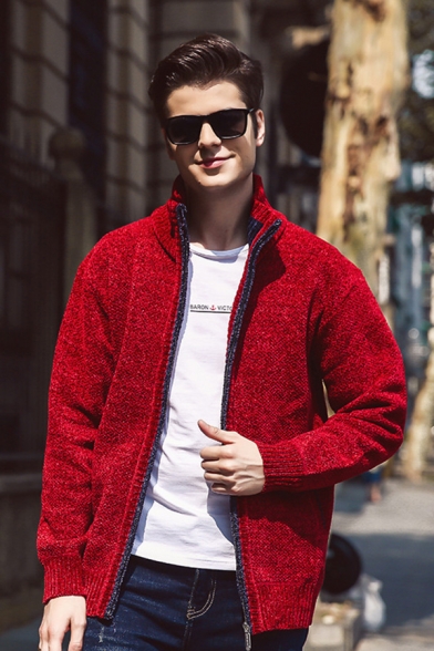 Men's Street Fashion Long Sleeve Zip Up Plain Chenille Knit Cardigan Coat