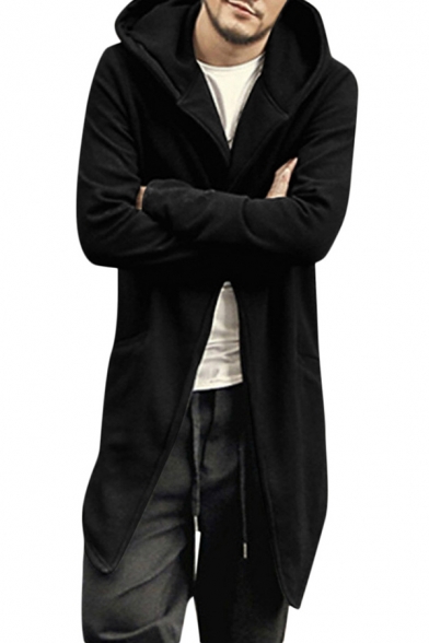 Mens Casual Plain Long Sleeve One Button Longline Outdoor Coat with Hood