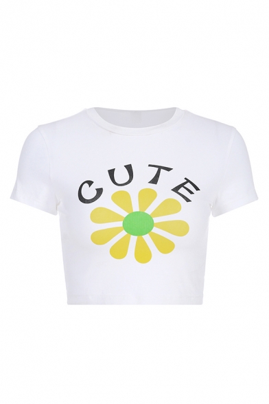 Simple Letter CUTE Cartoon Flower Pattern Short Sleeve Slim Fit White Cropped T-Shirt