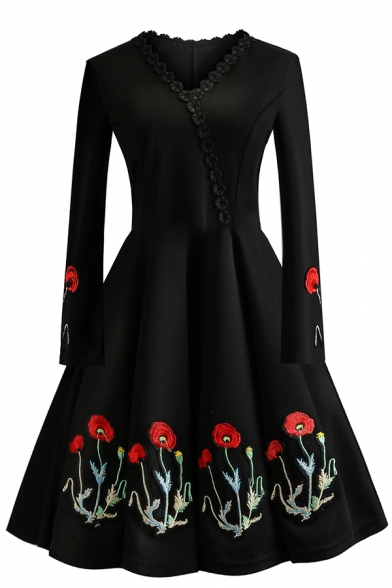 Vintage Ladies' Long Sleeve Surplice Neck Scalloped Trim Floral Pattern Midi Pleated Flared Dress in Black