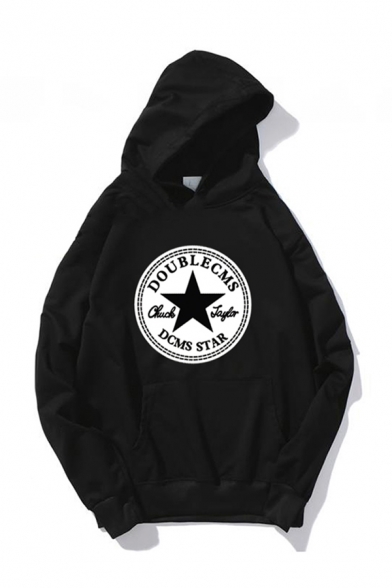 Men's Cool Five-Pointed Star Letter DOUBLECMS Printed Long Sleeve Boxy Pullover Hoodie