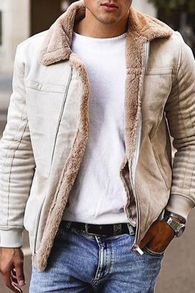 Men's New Stylish Plain Long Sleeves Lapel Collar Zip Up Frosted Fur Coat