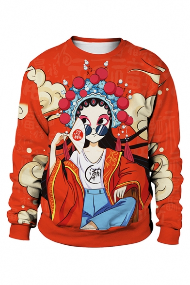 New Arrival Chinese Letter Cartoon Rat Face Chinese Opera 3D Print Long Sleeve Oversized Sweatshirt