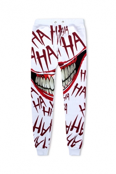 Terrible Grin Mouth Letter HAHA Printed Drawstring Waist White and Red Sport Pants