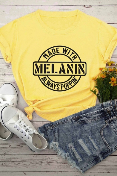 Womens Simple Letter MELANIN Printed Short Sleeves Casual T-Shirt