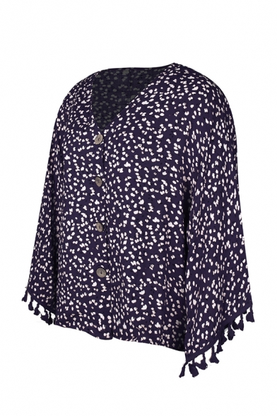 Fancy Bell Sleeves V-Neck Button Down All-Over Floral Print Fringe Trim Plus Size Blouse Top