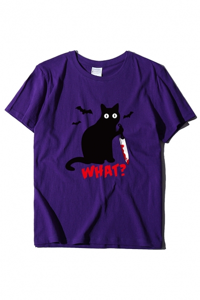 Halloween Cat Blood Knife Letter WHAT Printed Short Sleeve Round Neck Graphic T-Shirt