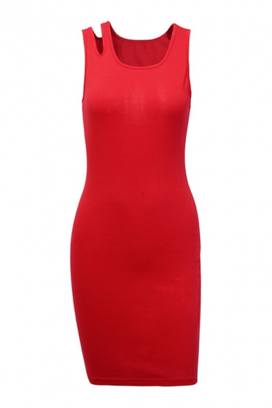 Ladies Active Solid Color Round Neck Hollow Out Sleeveless Mini Tank Dress