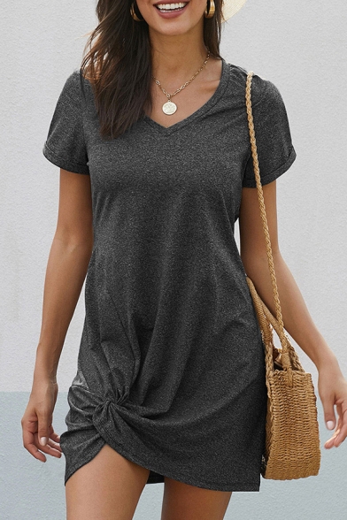 Leisure Cozy Short Sleeve V-Neck Twist Asymmetric Hem Plain Relaxed T-Shirt Dress