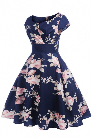 Retro Women's Short Sleeve Surplice Neck All Over Floral Printed Midi Pleated Swing Dress