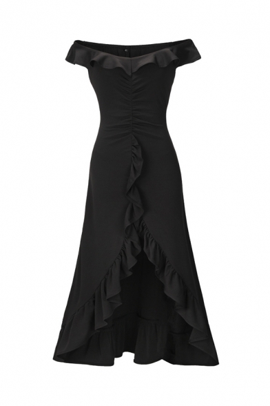 Sexy Ruffle Embellished Off Shoulder Ruched Front High Low Hem Solid Color Gown Dress