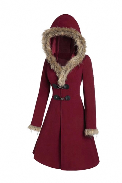 Winter Fashion Long Sleeve Alloy Leather Buckle Long Sleeves Fur Trim Longline Hooded Wool Coat