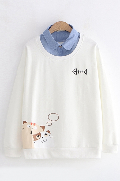 Cartoon Cat and Fish Bone Pattern Denim Patched Lapel Collar Oversized Sweatshirt