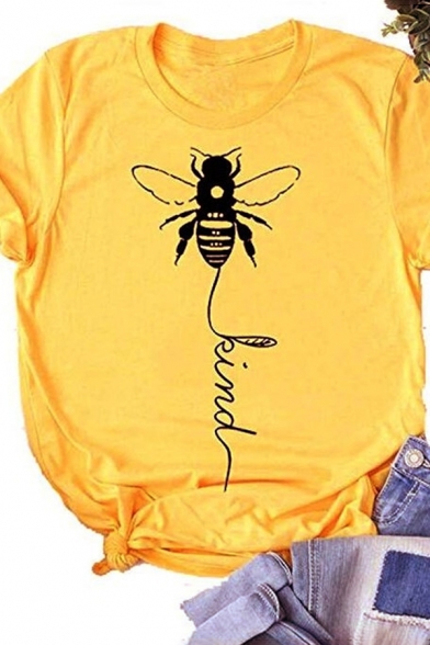 Classic Bee KIND Letter Printed Roll-Up Short Sleeves Crewneck Leisure T-Shirt