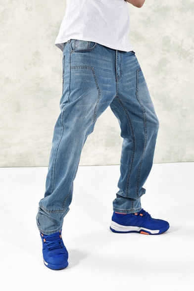 Cool Men's Plain Zipper Fly Loose Fit Straight Jeans in Light Blue