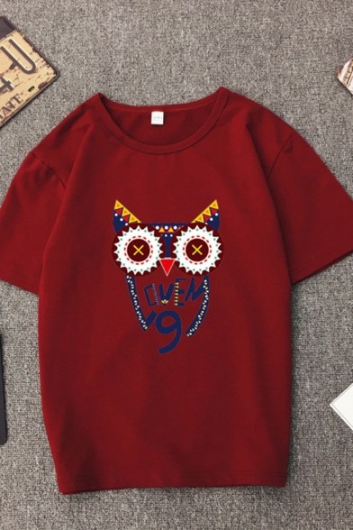 Creative Cartoon Owl Number 9 Printed Short Sleeves Crewneck Leisure T-Shirt