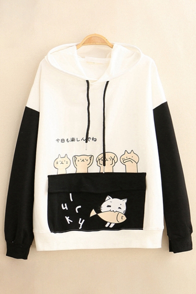 Lovely Cat and Japanese Letter Print Colorblocked Long Sleeve Flap Pocket Thin Loose Hoodie