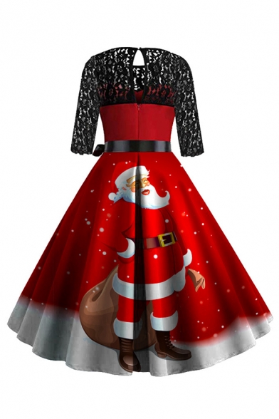 Red Vintage Three-Quarter Sleeve Boat Neck Mesh Patched Santa Claus Print Bow Tie Waist Midi Pleated Flared Dress for Women