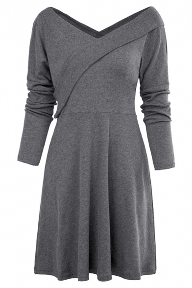 Women's Casual Plain Long Sleeve Surplice Neck Mid Length Pleated A-Line Dress