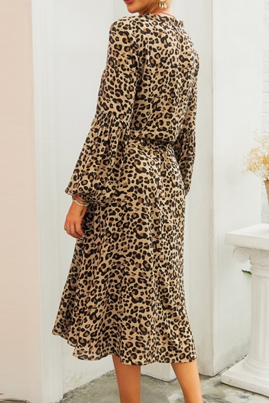 Creative Ladies' Blouson Sleeve Lapel Collar Button Down Tied Waist Leopard Patterned Long A-Line Dress