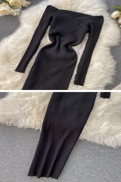 Elegant Ladies' Long Sleeve Off The Shoulder Cross Front Knit Maxi Plain Shift Dress