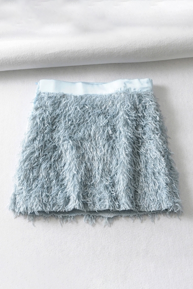 Fancy Blue High Rise Zip Side Fluffy Mini A-Line Skirt for Ladies