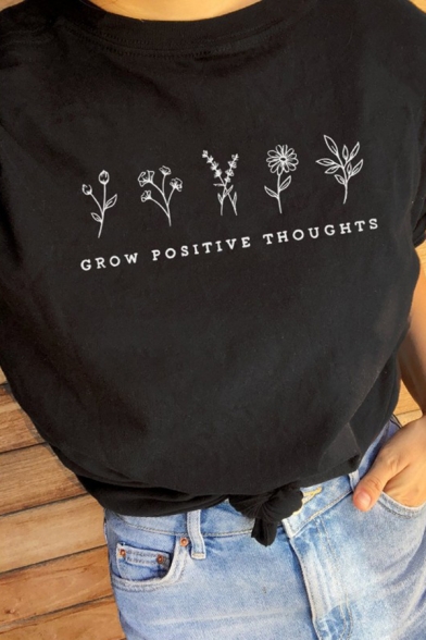 Funny Letter GROW POSITIVE THOUGHTS Floral Printed Short Sleeves Graphic T-ShirtS:88, M:88, L:88, XL:88
