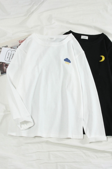 Girls Fashion Moon Sun Lightning Cloud Embroidery Pattern Long Sleeve Casual Loose T-Shirt