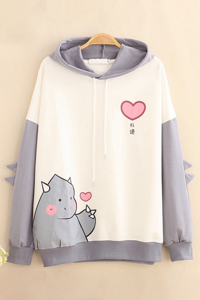 Girls Lovely Cartoon Monster Heart Printed Long Sleeves Relaxed Fit Colorblocked Hoodie