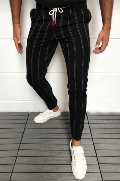 Men's Popular Drawstring Waist Stripe Print Skinny Fit Pencil Pants