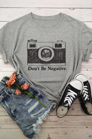 Simple Letter DON'T BE NEGATIVE Camera Printed Rolled Short Sleeve Casual T-Shirt