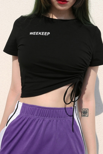 Simple Letter WEEKEEP Printed Short Sleeve Crewneck Black Crop Drawstring T-Shirt