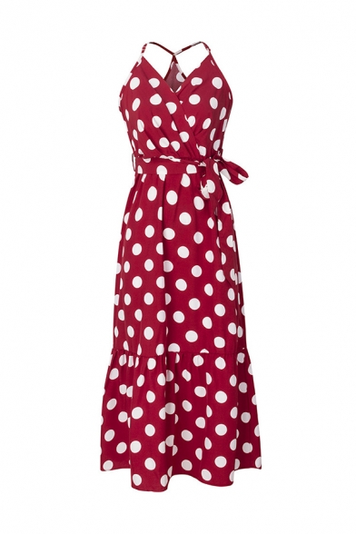 Burgundy Polka Dot Printed Surplice Neck Sleeveless Tie Waist Ruffle Hem Midi Slip Dress