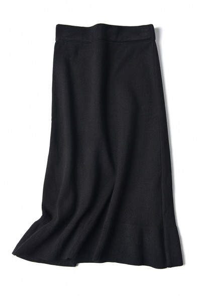 Elegant Women's High Waist Ruffle Trim Knit Plain Long Fishtail Skirt