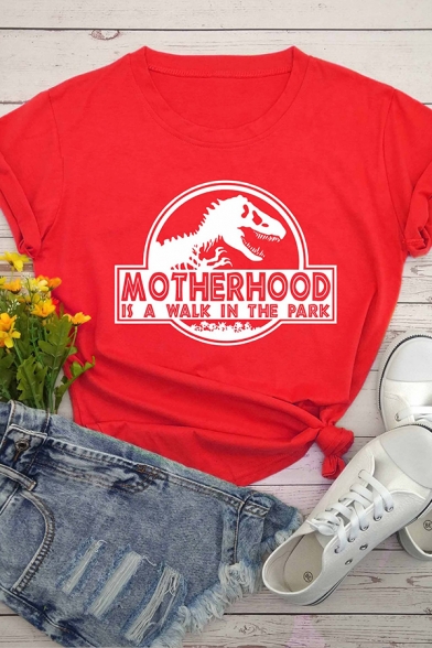 Funny Dinosaur Letter MOTHERHOOD Printed Short Sleeves Round Neck Graphic T-Shirt