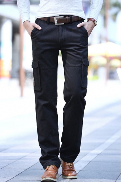Men's Casual Solid Color Multi Pockets Wide-Leg Pants Thick Cargo Pants