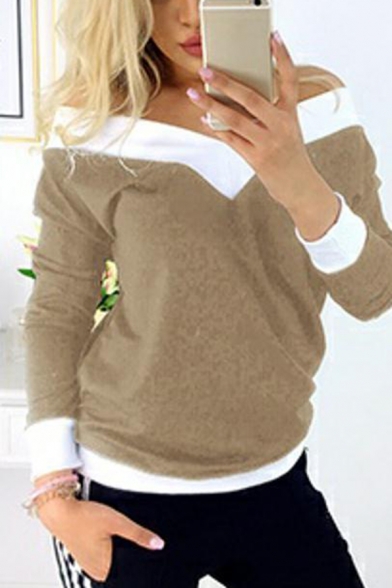New Fashion Color-Block Panel Off the Shoulder Long Sleeve Loose T-Shirt Womens Top