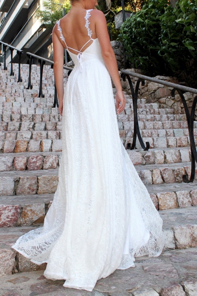 Womens Graceful White Lace Patchwork V-Neck Sleeveless Floor Length Gown Slip Dress