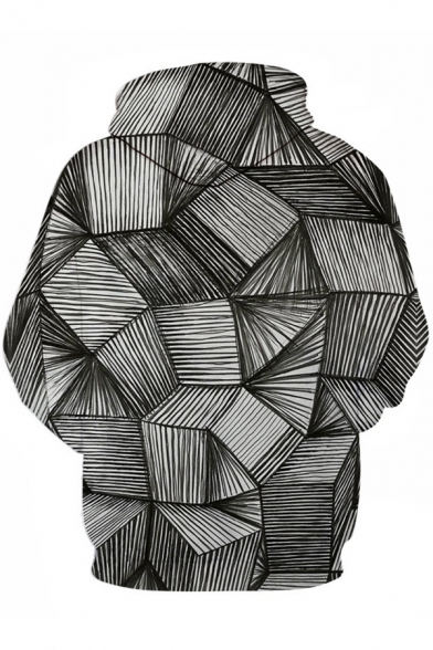 3D Geometric Pattern Long Sleeves Drawstring Hood Loose Fit Color-Block Pullover Hoodie