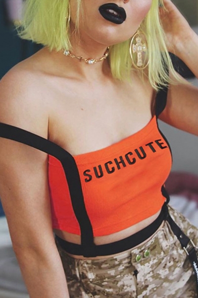 Embroidered Letter SUCH CUTE Printed Colorblock Tape Panel Cropped Tank