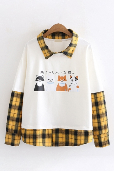 Girls Casual Japanese Letter Cat Pattern Checked Panelled Long Sleeves Oversized Sweatshirt