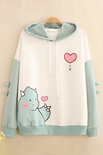Girls Lovely Cartoon Monster Heart Printed Long Sleeves Relaxed Fit Colorblocked Hoodie