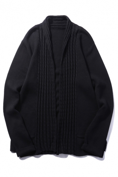 Metrosexual Men's Black Long Sleeves Open Front Loose Knitwear Cardigan with Pocket