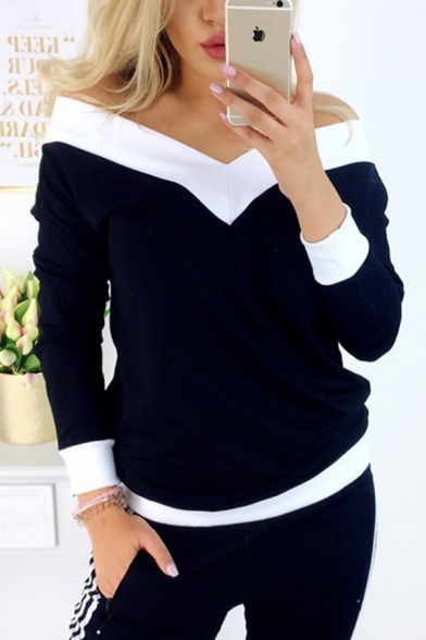 New Fashion Color-Block Panel Off the Shoulder Long Sleeve Loose T-Shirt Womens Top