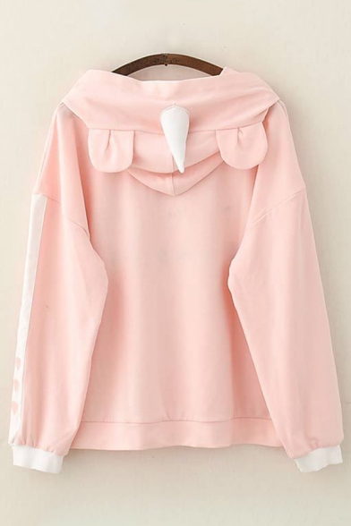 Pink Cute Embroidered Letter Rabbit Print Striped Long Sleeves Bunny Ears Drawstring Hoodie