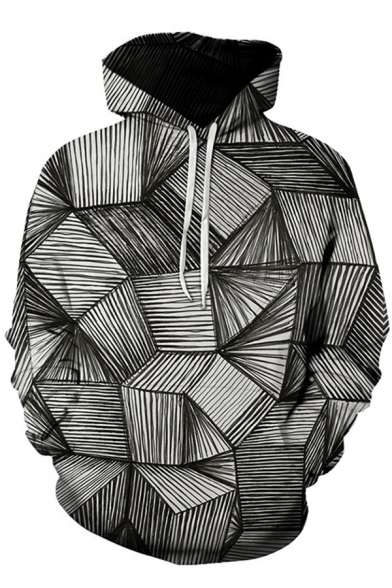 3D Geometric Pattern Long Sleeves Drawstring Hood Loose Fit Color-Block Pullover Hoodie
