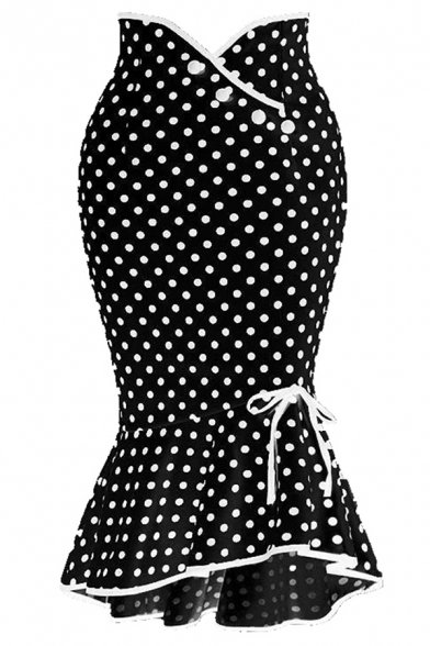 Cute Fashion High Waist Button Front Bow Tie Side Polka Dot Print Ruffle Trim Asymmetric Hem Midi Bodycon Fishtail Skirt for Women
