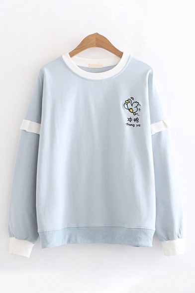Fancy Embroidered Duck Chinese Letter Printed Long Sleeves Contrast Trim Pullover Sweatshirt